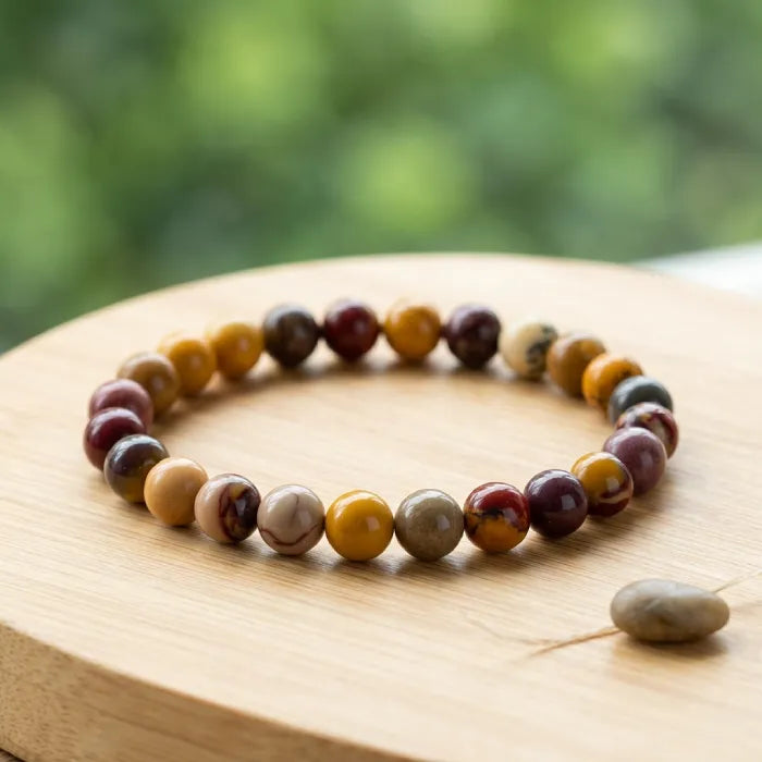 Yolk Stone Bracelet on wooden surface with natural tones, stylish crystal jewelry enhancing grounding energy and balance