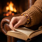 Yolk Stone Bracelet worn while reading by fireplace, cozy lifestyle jewelry promoting warmth, calm and relaxation benefits