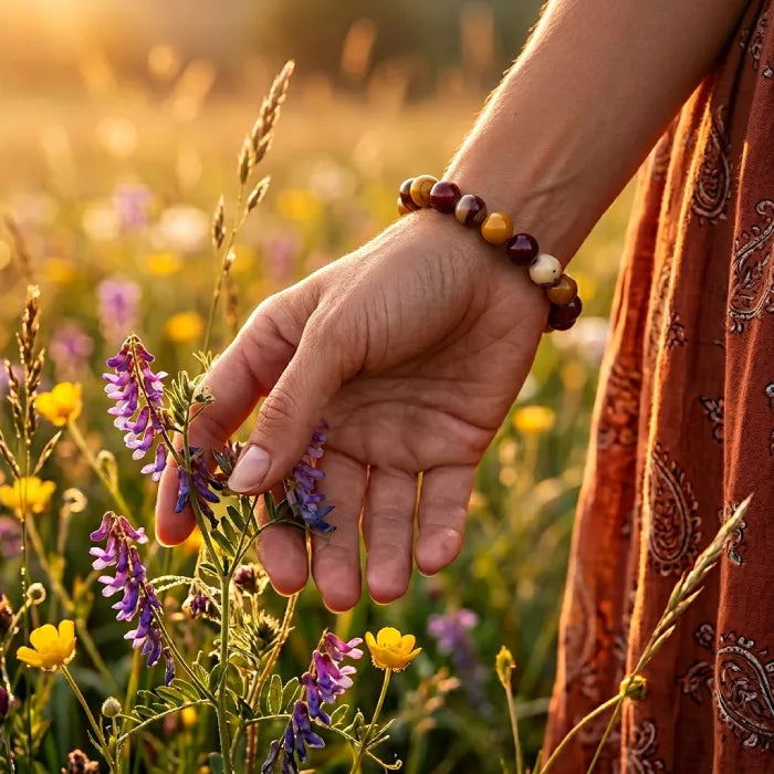 Yolk Stone Bracelet worn outdoors among flowers, natural crystal jewelry enhancing connection with nature and calm energy