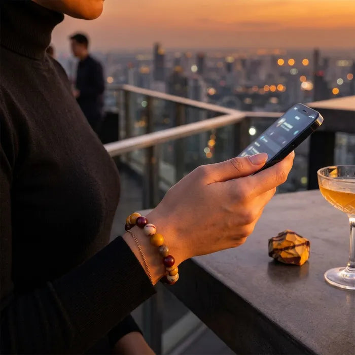 Yolk Stone Bracelet worn at rooftop evening setting, elegant crystal jewelry enhancing confidence, style and calming energy